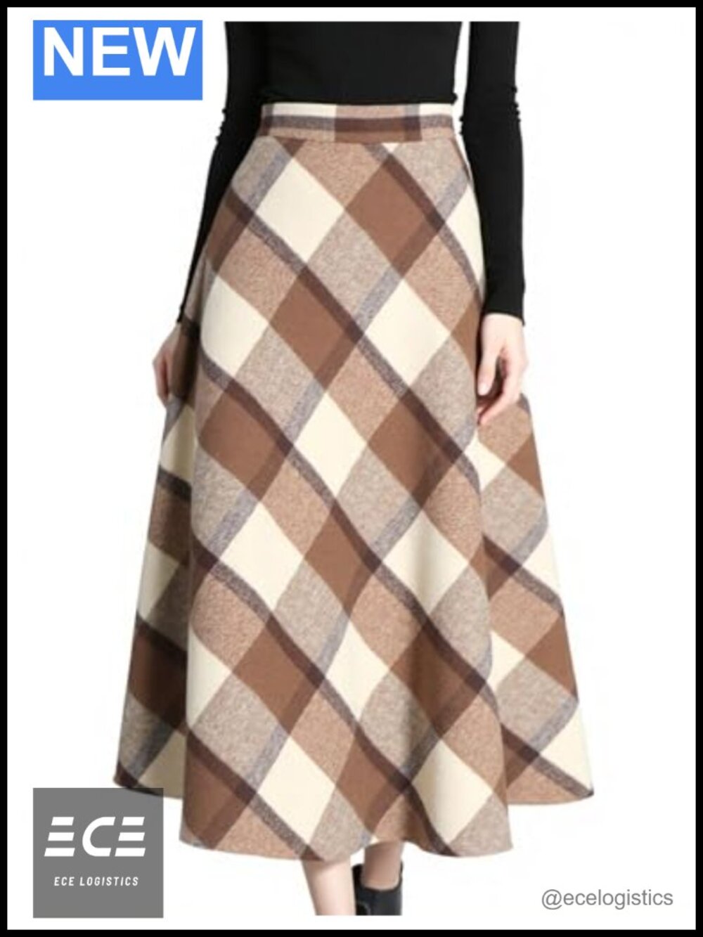 Wool Blend Plaid A-Line Midi Skirt High Waist Pleated Flared Hem